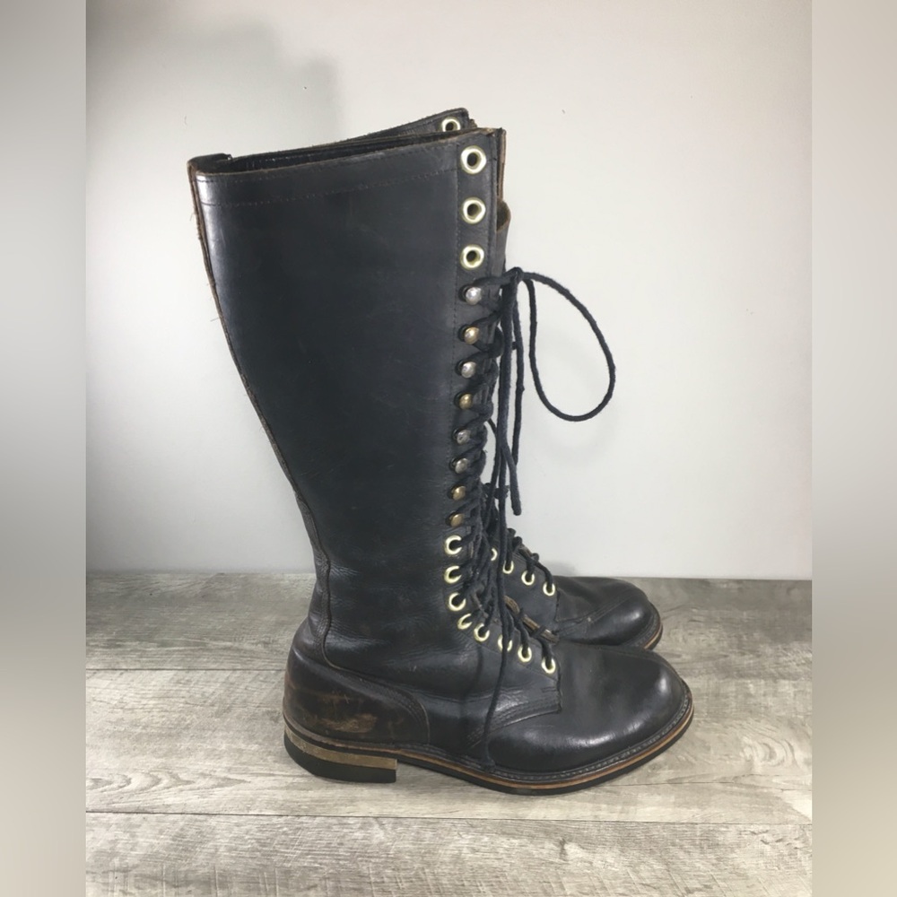 Vintage Men Combat Biker Motorcycle Riding 19-Eye Black Leather Soft Toe Boots 9